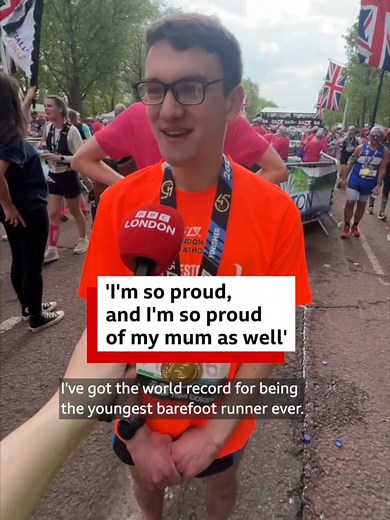 🫶 ‘Believe you can and you’re halfway there’ Cameron set a Guinness World Record for the youngest person to run the London Marathon barefoot 🦶 After overcoming some tough times, he paid tribute to his ‘super woman’ mum at the finish line. - BBC London #LondonMarathon #London #Marathon #Inspiring
