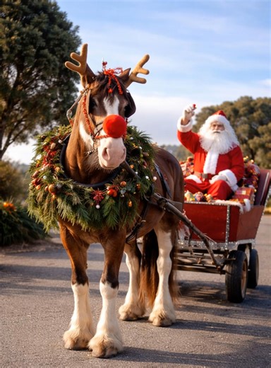 This festive scene proves that Christmas magic comes in many forms. Instead of reindeer, Santa’s sleigh is pulled by a magnificent draft horse—complete with antlers, a bright red nose, and a lush garland of evergreens. Calm, strong, and full of character, this gentle giant wears his Rudolph disguise proudly. Behind him, Santa waves cheerfully from the sleigh, surrounded by brightly wrapped gifts, as they travel along a quiet road under soft winter skies. The moment feels wonderfully authentic, b