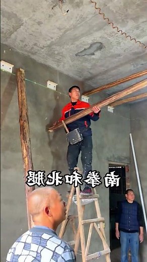 The process of installing wooden timbers on the ceiling