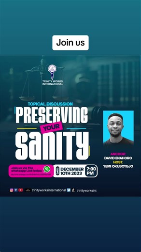 Join us this Sunday 7pm as we take on this week’s topical discussion “preserving your sanity” *Date: 10th December 2023* Plan to attend, come with questions, areas of challenges on the above topic stated and don’t forget to invite someone 😊 Do enjoy the rest of your day Shalom! #joinus #discussion #topicaldiscussion #viral #christiantiktok #tiktok #trending #TWI #trinityworksinternational