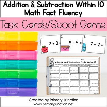 Addition and Subtraction Within 10 Math Fact Fluency Scoot Game Task Cards Write