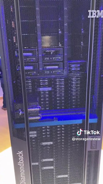 There's just something mesmerizing about tape libraries and the little robot getting work done. This is the IBM Diamondback tape library that holds over 27PB of capacity per rack thanks to 1,548 LTO-9 tapes and up to 14 drives. It’s also pretty easy to service in the field, making long-term archive more attractive. #tape #datacenter #computers #storage