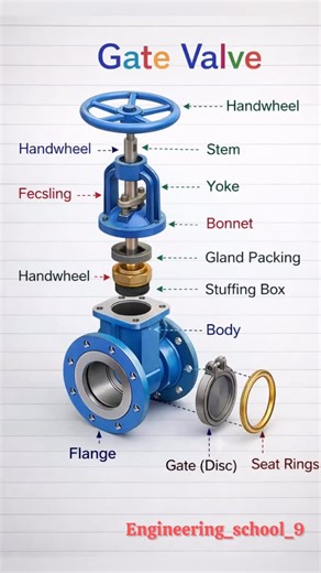 Engineering School on Instagram: "Gate Valve Parts Explained | 3D Diagram | Construction & Working Principle Gate Valve Components in 3D | Handwheel, Stem, Bonnet, Body Explained What Is a Gate Valve? | Parts, Diagram & Working in 3D Gate Valve Full Details | 3D Exploded View | Mechanical Engineering Gate Valve Assembly & Parts Identification | 3D HD Diagram Gate valve is widely used in piping systems to start or stop fluid flow. This 3D HD gate valve diagram clearly explains all major parts suc