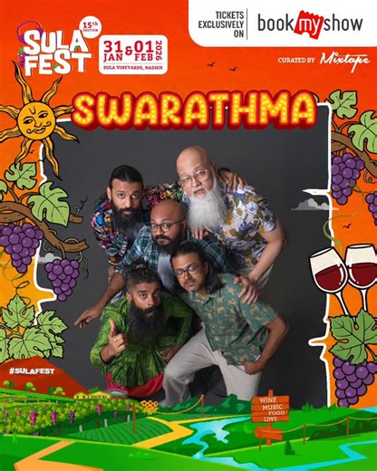 Sula Vineyards on Instagram: "From soul-powered music to solar-powered tours🔥🎶 Swarathma brings the soul of India to the SulaFest stage, blending folk, rock, and raw emotion into one unforgettable experience 🎸✨ 31st Jan & 1st Feb – lock your dates Tickets exclusively on BookMyShow Curated by @mixtapelive #SulaFest2026 #SulaFestIsBack #SulaFest15thEdition"