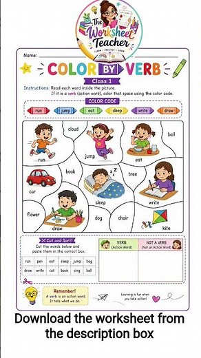 Color by Action Words | Verb Worksheet for Kids📝