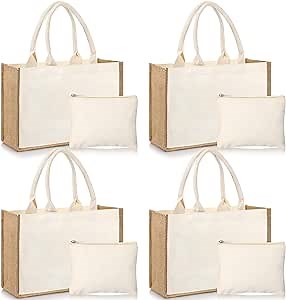Sweetude 4 Set Jute Burlap Tote Bag with Canvas Makeup Pouch Reusable DIY Craft Blank Gift Bags for Wedding Bridesmaid(Simple,Beige)