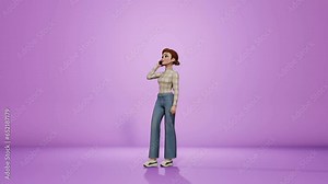A 3D animated female character standing while making a phone call.