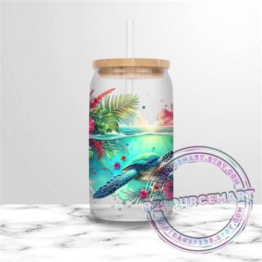 UV DTF Tropical Sea Turtle Wrap for 16oz Libbey Glass Can Cup Snowglobe Tumblers, Colorful Waterproof UVDTF Transfer Sticker