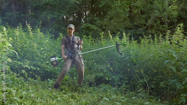 Funny and fun gardener simulates playing guitar with a grass trimmer, lawn mower. Man does mowing grass and imagines himself a rock star, plays the lawn mower like a guitar. Pretends to be a rock star