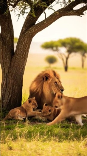 Alpha Lion Relaxing Under the Tree with Playful Cubs 🦁 | #Wild #Shorts#wildlife #DreamScreenAI