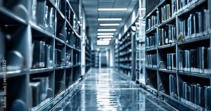 Modern library interior with rows of bookshelves and reflective floors under bright lighting for academic and research use