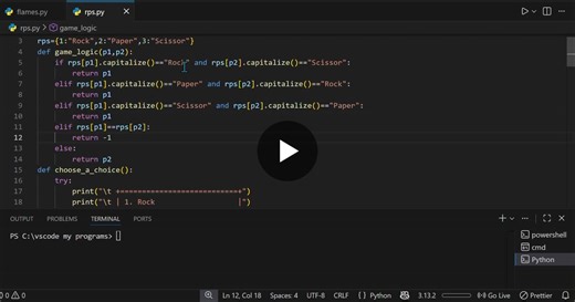 Rock Paper Scissors Game – Python (Brute Force Approach) Built a Rock Paper Scissors game in Python using a complete brute-force logic approach. Created a dictionary to map numeric inputs (1, 2… | Chaithanya P