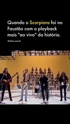 571K views · 1.7K reactions | Nos anos 90, o Scorpions foi ao programa do Faustão e protagonizou uma cena inesquecível. A banda entrou para tocar, mas o som era playback. Só que… eles resolveram brincar com isso: cantaram e tocaram como se fosse ao vivo, improvisando, rindo e interagindo com o público. O resultado? Um dos momentos mais icônicos da TV brasileira, onde o “playback” virou praticamente um show real. 落 | Cifras | Facebook