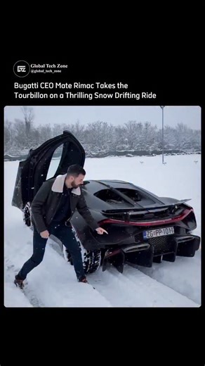 GlobalTechZone on Instagram: "Watch Bugatti CEO Mate Rimac take the Bugatti Tourbillon on a thrilling snow drifting ride, showcasing control, confidence, and pure hypercar authority in extreme conditions. This is a demonstration of engineering working at the limit. The Tourbillon is powered by an all new 8.3 liter naturally aspirated V16 developed with Cosworth, paired with three electric motors for a combined 1,800 horsepower. Instant torque, linear power delivery, and precise throttle response