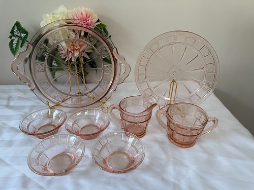 Jeannette Doric Pink Depression Glass Set Vintage Cream Sugar Bowls Platter Set | eBay