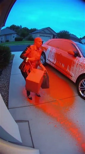 Executive Neighbor Grabs Stone Box — Instantly Covered in Orange Paint 😳 (Security Camera)