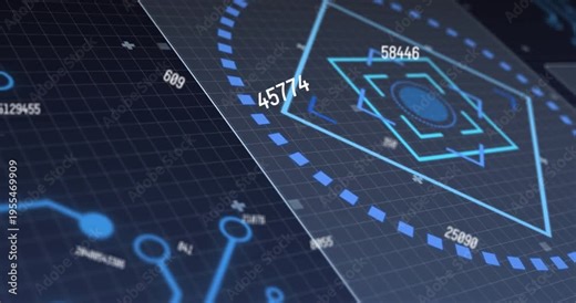 Vertical video: HUD receiving data feed, scanning node map, updating numeric values for analytics