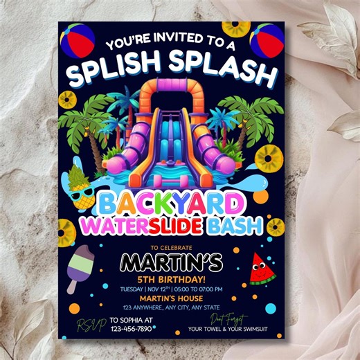 Editable Water Slide Birthday Invitation Canva, Backyard Splash Party Invite, Kids Summer Pool Party, Water Theme Invite Digital Download - Etsy