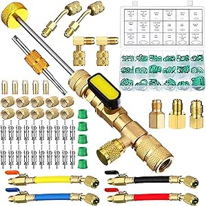 54 Pcs Charging Hoses and R410a Adapter Kit, Valve Core Removal Tool, R134a R410a R22 R12 Hoses with Valve, Summer Installer Tool Split Tank Adapter with Core Brass Nut Thimble 270 O Green Ring