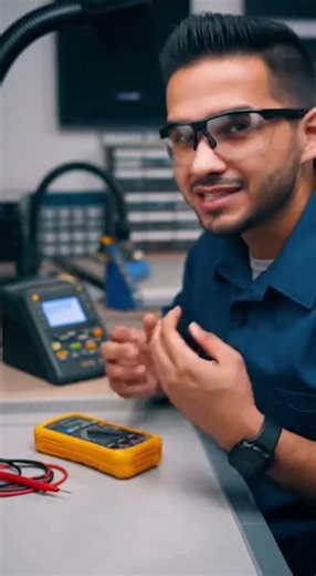 Technician testing thermistor with digital meter, speaking clearly, professional repair environment