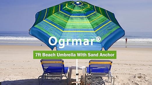 Ogrmar 7FT Beach Umbrella with Sand Anchor & Carry Bag