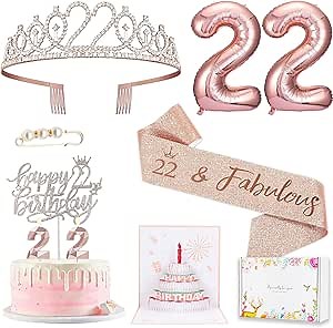 Awfrky 22nd Birthday Decorations for Her Girls Women | 22nd Birthday Sash & Crown, Card, Cake Topper, Candles,Balloons, 22 year old Birthday Gifts for Women,10pcs Set, Rose Gold