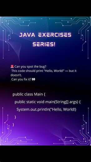 Rahaf Abdullah on Instagram: "Java Bug Alert! 🚨 This simple code should print "Hello, World!", but it's throwing a fit. It's a fundamental Java mistake that's easy to miss. What syntax element is missing? Learn to spot common errors fast! #JavaSyntax #CodeMistake #LearnToCode"