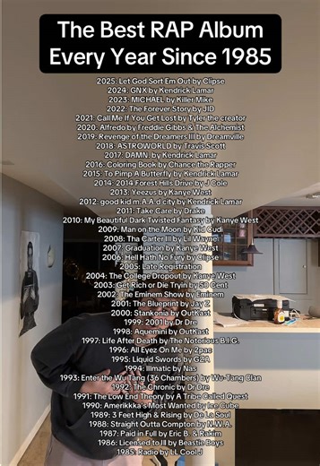 If IGOR & The Miseducation of Lauryn Hill count as hip hop albums to you guys, then those would replace the albums in 2019 & 1998 for me, but I chose to not count em for this list. #hiphop #albums #rankings #kendricklamar #fypシ