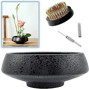 Japanese Ikebana Vase Kit, Flower Shallow Container Ceramics Flower Bowl Flower Arrangement Vase with 1.57inch Flower Frog and 2 in 1 Kenzan Needle Straightening Tool