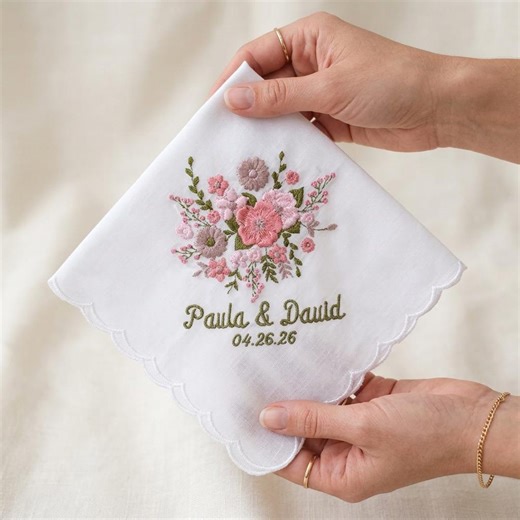 Personalized Wedding Handkerchief for Bride, Embroidered Floral Bridal Hankie, Scalloped Cotton Wedding Gift, Custom Names & Date - Etsy
