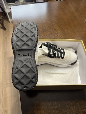 CHANEL Women's Logo Lace Up Low Top Sneakers White Black Beige Rubber Athletic | eBay