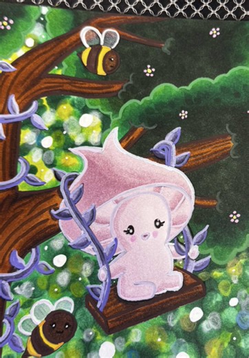 Another page from @skyycolors toadstool bundle 🍄✨ This little one found a quiet swing in the trees, surrounded by buzzing bees, glowing greens, and forest light filtering through the leaves. This was a buddy color — go check out @Linds' Rainbow 🩷🌈 and @joshscolorquest to see their beautiful versions of this page too! 👉 Follow me for more cozy coloring and magical pages #coloringcommunity #adultcoloring #colorwithme #cozycoloring #coloringaddict