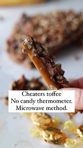 No candy thermometer or special pot needed, just a big ol’ bag of Werther’s and a microwave. A couple of notes: -i used around 15 ounces of Werthers for a 8” x 6” pan -microwave it in 30 second intervals so it doesn’t burn. After you add nuts you’ll need to microwave it again to spread. -spread it as thin as you can get it. This won’t be as crispy as homemade toffee. -don’t put it in the fridge to set the chocolate up. let it set up covered overnight at room temperature. I’m eager to know what y
