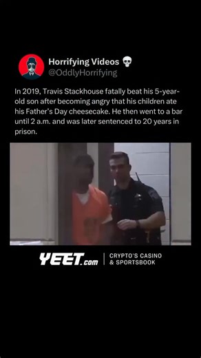 Oddly Horrifying on Instagram: "In 2019, Travis Stackhouse fatally struck his 5-year-old son after becoming angry that his children ate his Father’s Day cheesecake. He then went to a bar until 2am. His girlfriend later called 911, and the child was pronounced d*ad. Stackhouse received a 20-year sentence."