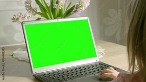 child 5-year old sits front laptop, using computer for self-education and entertainment, monitor with green screen for video, Parenting in digital age, cyber education, screen time, digital world Stock Video