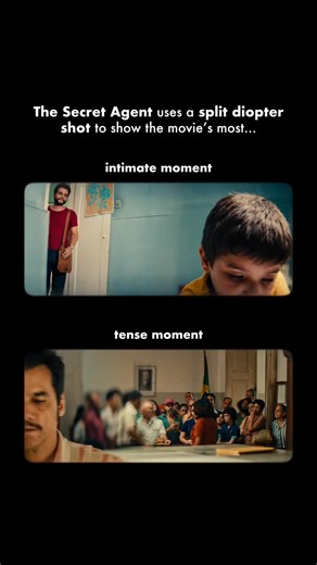 A split diopter shot is a cinematography technique using a glass attachment, covering half the lens, to keep both the foreground and background in sharp focus simultaneously. The Secret Agent (2025) uses it precisely 2 times (if I didn’t miss any other shots). First time when Fernando reunites with his son. And second time when he’s about to be caught by the man hired to track him down. @NEON