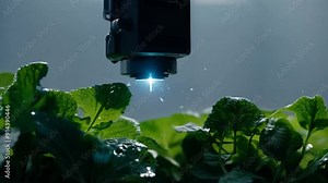 A futuristic farm features robotic arms working in a greenhouse, utilizing technology to grow lettuce and other plants in a sustainable, automated setting. Generative AI