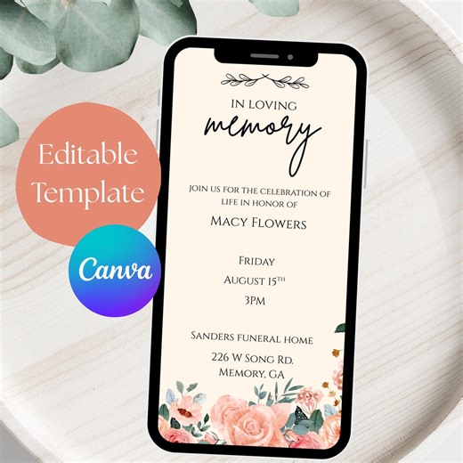 In Loving Memory Invitation | Celebration of Life Invite | Memorial Service Invitation | Elegant Floral Funeral Announcement | Mobile - Etsy