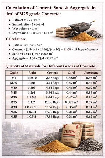 Master the Mix: Essential Concrete Material Calculations for Every Construction Grade 🏗️ ​Whether you are pouring a foundation or a driveway, getting your mix ratio right is the difference between a lasting structure and a costly mistake. Our comprehensive guide breaks down the exact quantities of cement, sand, and aggregate needed per cubic meter. From M5 for lean concrete to M35 for heavy-duty structural work, we’ve simplified the dry volume conversions and bag counts so you can estimate your