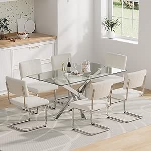 Goujxcy Glass Dining Table Set for 6, 51" Glass Kitchen Table Set with Metal Legs, Modern Glass Dining Room Table and Faux Fur Chairs Set of 6, 7 Piece Dining Table Set for Kitchen Dining Room