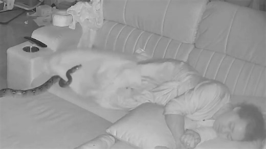 Python slithers across grandmother's legs as she sleeps on sofa