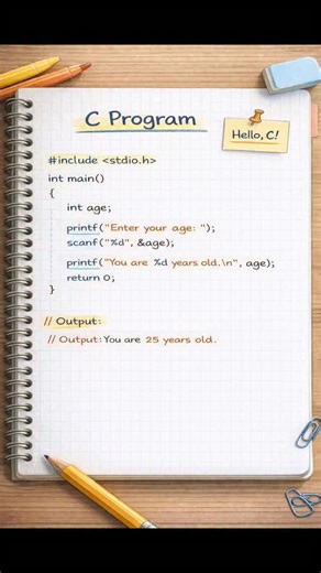 Subhodeep | Code on Instagram: "C Program to Take Input 💻⌨️ Learn how to accept user input using scanf() 🚀 A basic yet essential concept for every C beginner ✨ Hashtags: #CProgramming #LearnC #ProgrammingBasics #CodingBeginners #CodeWithSubh Keywords: [c taking input program, c input program, scanf in c, c programming basics, user input in c, beginner c programs, c language fundamentals, coding practice, learn c language, programming basics]"