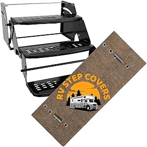 SAVUK 18" x 18" (1 Pack) RV Step Cover Rug Carpet Mat with Easy Install Hook Fit 8" to 10" Camper Stair Tread Non-Slip Outside Works on Electrical and Manual Steps Weather Resistant (Brown)