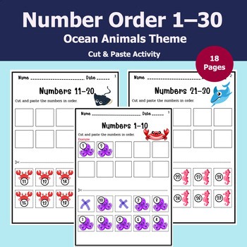 Number Order 1–30 Worksheets | Ocean Animals | Cut & Paste Activity