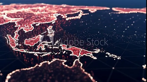 Abstract digital rendering of a world map highlighting Southeast Asia with interconnected network lines.