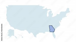 US georgia state map animation. United states of America country - high detailed motion illustration map. 4k animated video with blinking red and blue highlighted state with alpha matte