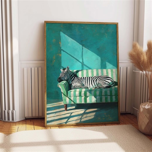 Zebra Wall Print, Emerald Green Animal Poster, Striped Safari Decor, Relaxing Couch Artwork, Modern Home Styling, Unique Housewarming Gift