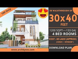 30x40 Feet Modern House Design 3D: 4 Bedrooms, 5 Bathrooms, 3 Floors, Terrace Garden - 1200 Sqft