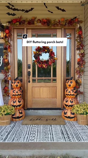 DIY fluttering porch bats! 🎃🦇 I got some stick on bats, put small dabs of hot glue on them, put a long piece of fishing line in the hot glue, then topped with another bat! I then used mounting tape to stick them to the ceiling of the porch!! Then they flutter and dance around!!🎃🦇🦇 #porchdecor #frontporchdecor #falldiy #diyfalldecor #falldecorating #fallhome #fallhomedecor #falldecorideas #halloweendiys #halloweendiydecor #diyhalloweendecor #halloweendecorideas #halloweendecorations