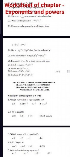 worksheet of chapter - Exponents and powers class -7 maths